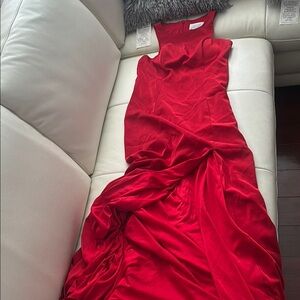 Camille La Vie Red Ruched Halter Maxi Gown